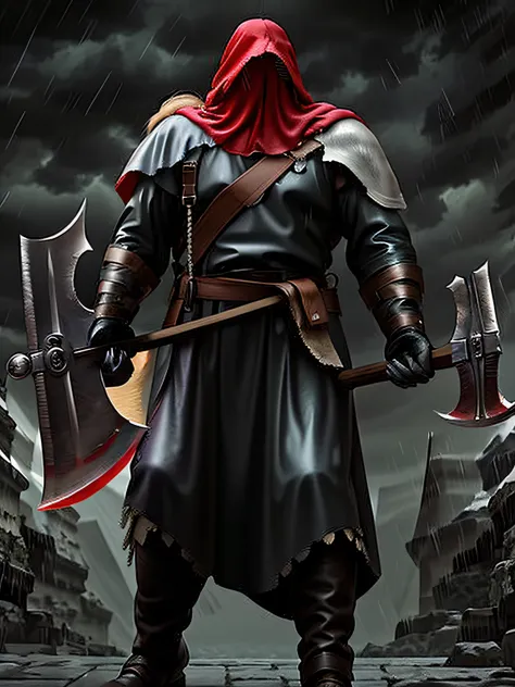 male executioner , he is wielding a heavy axe in the rain,