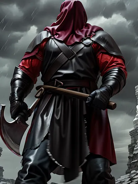 male executioner , he is wielding a heavy axe in the rain,