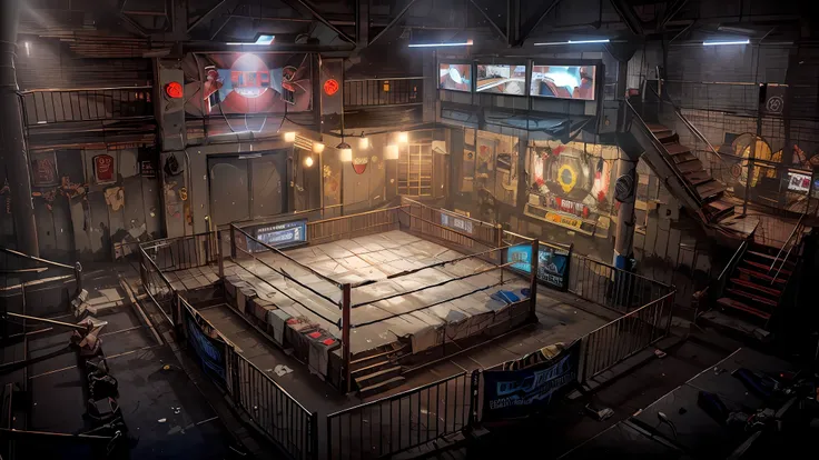 dark forest style underground boxing gym，two floors，two floors，second floor corridor，second floor，octagonal cage，boxing ring，rin...