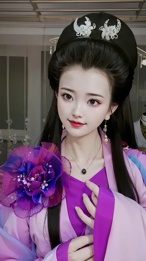 a close-up of a woman in a purple dress holding a flower, inspired by lan ying, inspired by luo mu, palace ， a girl in hanfu, in...