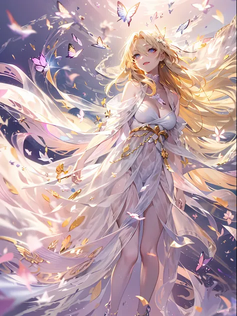 angel, super beautiful, colorful splashing, hiten, clear and beautiful, mysterious, beautifully painted, female, very long hair, bangs, floating hair, blonde hair, hair fluttering in the wind, delicate beautiful face, light smile, bright skin, white dress ...
