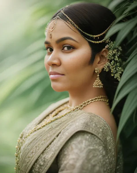 fashion photography portrait of indian girl with natural brown hair, in lush jungle with flowers, 3d render, cgi, symetrical, octane render, 35mm, bokeh, 9:16, (intricate details:1.12), hdr, (intricate details, hyperdetailed:1.15), (natural skin texture, h...