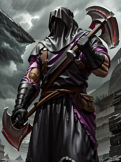 male executioner , he is wielding a heavy axe in the rain,