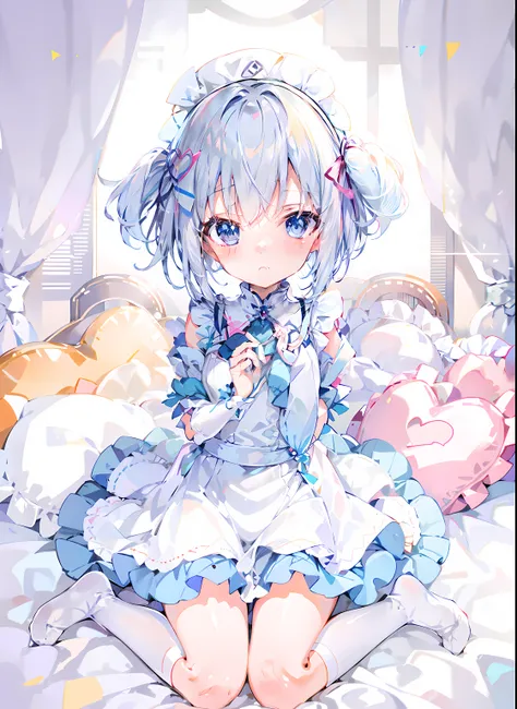 anime girl sitting on bed，there were teddy bears and stuffed animals, cute anime girl, soft anime illustration, splash art anime...