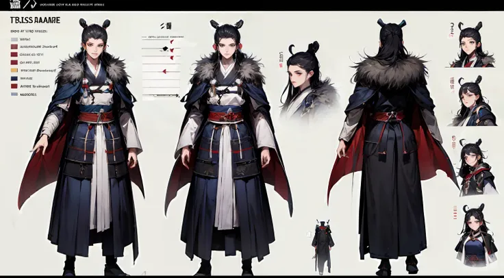 （character design sheet，same role，frontage，lateral face，on  back），an ancient chinese man、sharp expression、full bodyesbian、amazin...