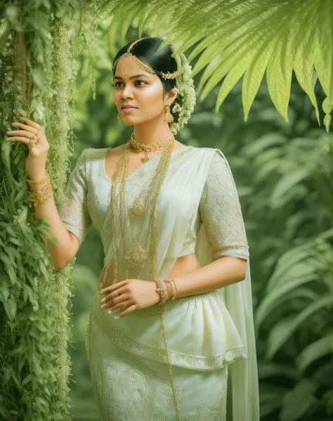 fashion photography portrait of indian girl with black hair, in lush jungle with flowers, 3d render, cgi, symetrical, octane render, 35mm, bokeh, 9:16, (intricate details:1.12), hdr, (intricate details, hyperdetailed:1.15), (natural skin texture, hyperreal...