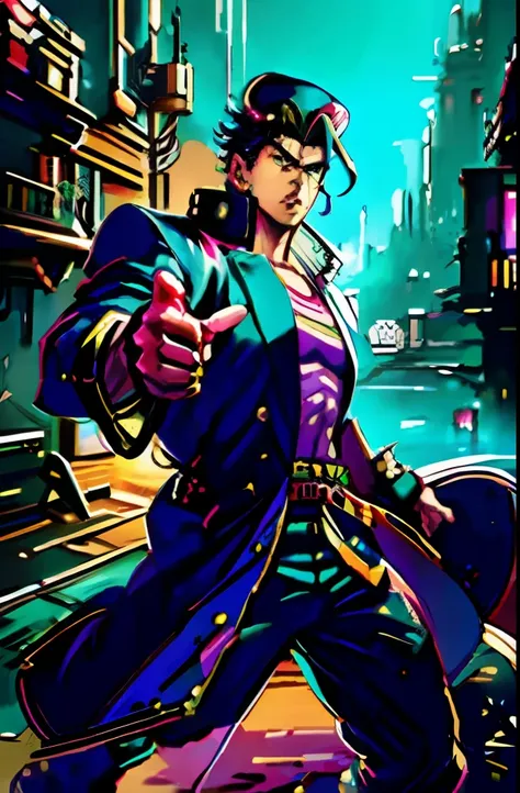 (masterpiece), ((cyberpunk style)), best quality, 8k, perfect artwork, (choas effect), Fantasy, 1man, KUJO JOTARO, muscular man, star, thick-lipped, big hat ,GREEN EYES, SCHOOL UNIFORM, GAKURAN, LONG COAT, JEWELRY, EARRINGS, CHAIN, Hash, (jojo pose, point...
