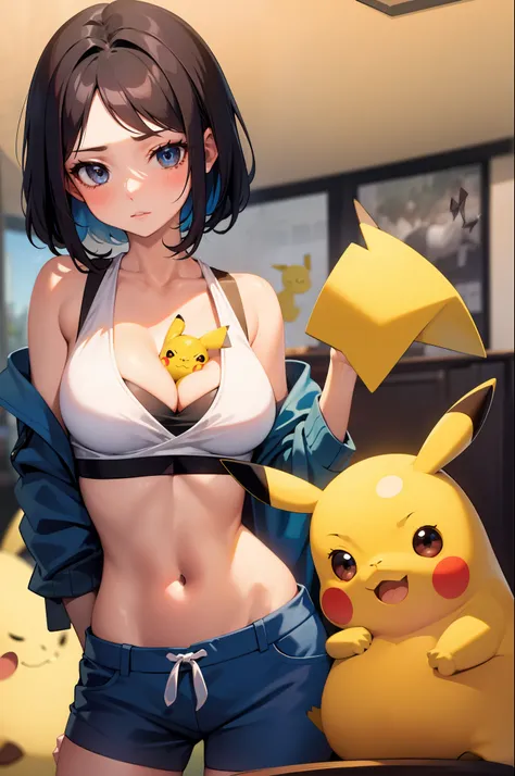 1girl, between breasts, crop top, cleavage, pikachu, shorts,, masterpiece, best quality, highly detailed