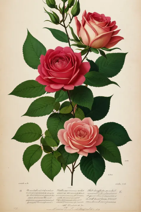 (best quality:1.2), (detailed:1.2), (masterpiece:1.2), vintage botanical illustrations of Larger Provence Rose (1770 1775) in high resolution by John Edwards