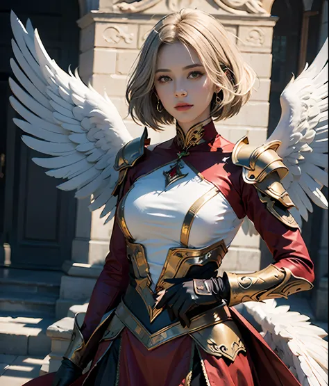 beautiful woman with angel wings，exudes an aura of fanatical power, legion of heaven, red and gold armor，red long-sleeved dress，...