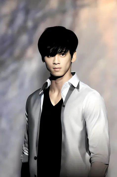 1boy, handsome, white shirt inside a black shirt, realistic, ultra detail, muscular man, cool face, black hair, big forward-looking eyes