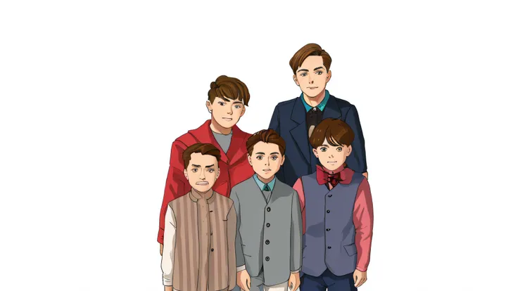 Family portrait,2 sons，One daughter，momma and papa， each wearing correct era clothes, official fanart, inspired by Romano Vio, tall handsome guys, wearing correct era clothes, cartoonish style, [ Digital art ]!!, in the art style of 8 0 s anime, Inspired b...
