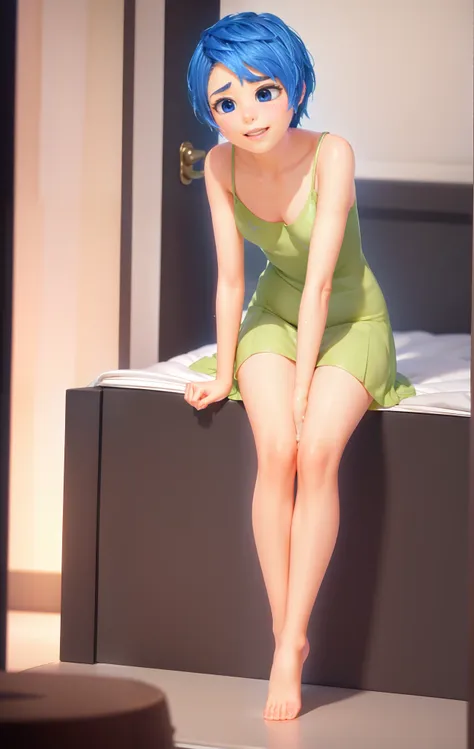 masterpiece, best quality, (joying_inside out, yellow skin, ),  happy, wet transparent mini green dress,  pixar, cartoony, 3d re...