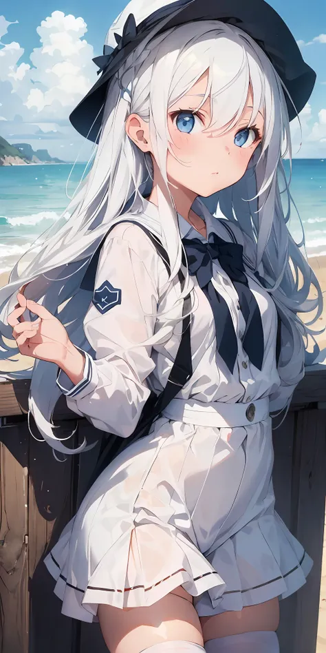 1girl, beautiful detailed eyes, long white hair, light blue eyes, school uniform, high white stocking, lustrous skin, seaside, beach, waves, high contrast, ((masterpiece, best quality))
