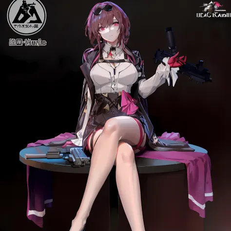 arafed woman, sitting on a table with a gun and wearing a pink dress, m4 sopmod ii girls on the front lines, fine details. girls...