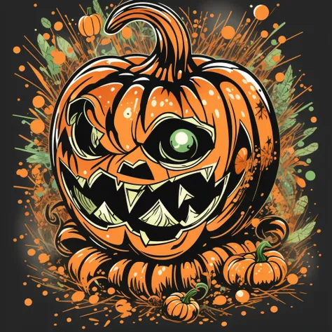 vector t-shirt art ready to print colorful graffiti illustration of a halloween pumpkin, cute, action shot, vibrant color, punk,...