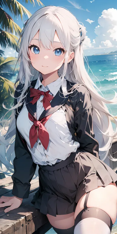 1girl, beautiful detailed eyes, long white hair, light blue eyes, school uniform, high white stocking, lustrous skin, seaside, beach, waves, high contrast, ((masterpiece, best quality))