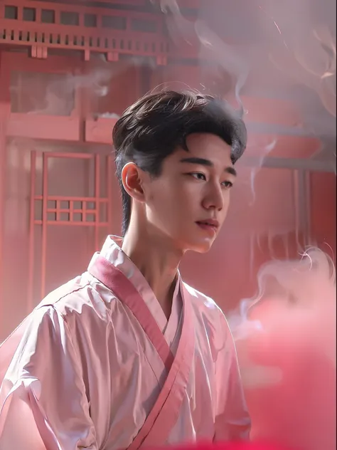 20-year-old boy in white Hanfu,chinesedragon,light red and light pink,light pink smoke background,Innocence,cinematic Film still from