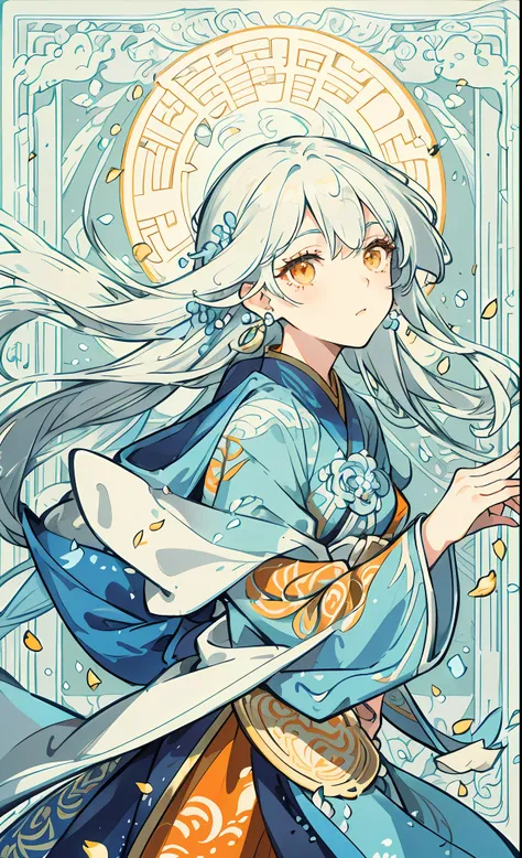 Mature girl, orange eyes, blue-white hair color, floating hair, delicate and flexible eyes, intricate damask hanfu, gorgeous accessories, wearing pearl earrings, fov, f/1.8, masterpiece, ancient Chinese architecture, blue sky, flower petals flying, front p...