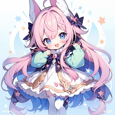 1girll, animal ears, pink hair, long hair, rabbit, open mouth, smile, rabbit ears, bow, solo, white background, dress, pantyhose...