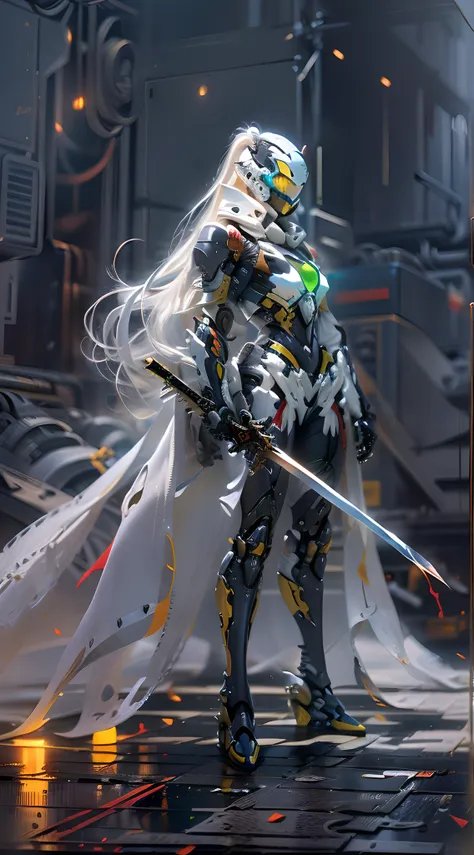 a mech, long silver-white hair with a ponytail and waist, v-shaped mechanical helmet, wearing a black sexy mech suit, illuminate...