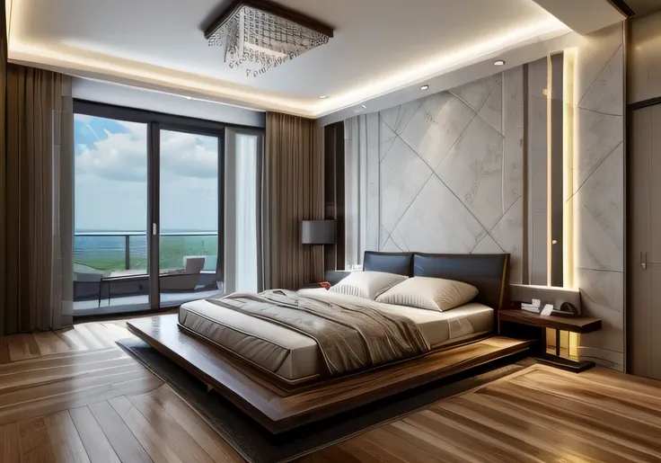 ((best quality, 8k, masterpiece :1.3)), bedrooom design, minimalist motif furniture, flat plaster ceiling , wood floor, day ligh...