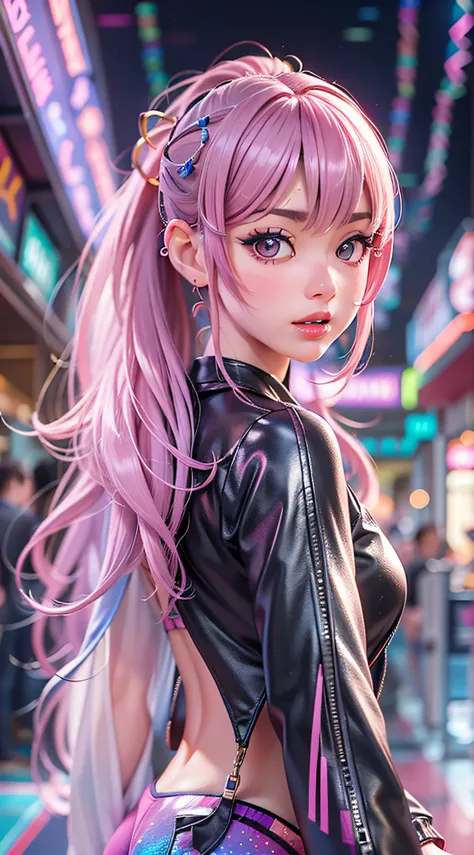 ((Masterpiece)), best quality, absurderes, ultra detailed, holographic, cowboy shot, golden ratio, super cute girl, mature girl, idol girl, super beautiful asian girl with very beautiful violet glowing eyes, beautiful glowing brown multicolored hair, high ...