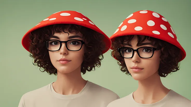 girl with short curly hair in a mushroom hat and glasses