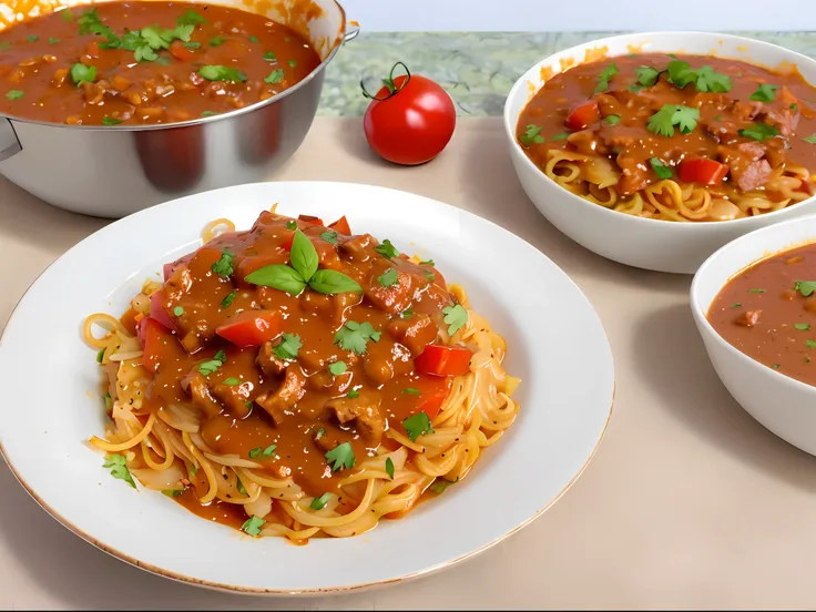 picante american chop suey com molho de tomate em uma mesa de madeira