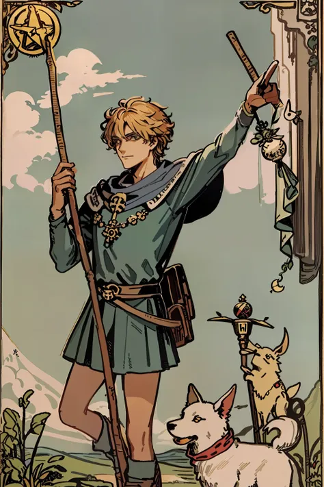 tarot card, the fool, man, bindle, stick and bag, cliff, dog