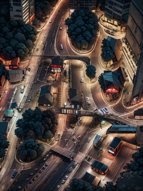 aerial view of the busy streets of the city at night, the aalfei bus bus，light and shadow interlace，neon flashing，open-air neon ...