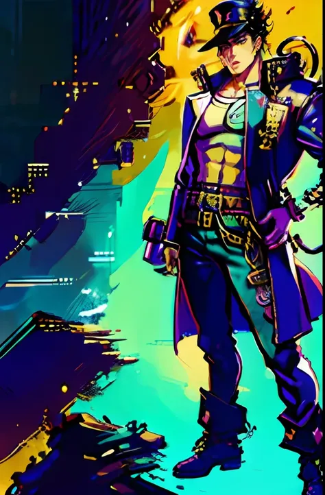 (masterpiece), ((cyberpunk style)), best quality, 8k, perfect artwork, (choas effect), Fantasy, 1man, KUJO JOTARO, muscular man, star, thick-lipped, big hat ,GREEN EYES, SCHOOL UNIFORM, GAKURAN, LONG COAT, JEWELRY, EARRINGS, CHAIN, Hash, (jojo pose, point...