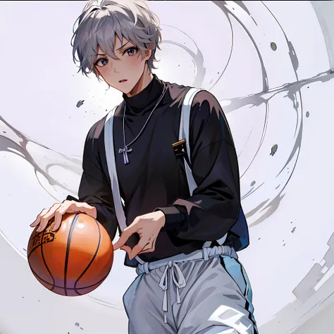 anime boy holding basketball with white hair in front of white background, inspired by bian shoumin, cai xukun, high-quality fan...