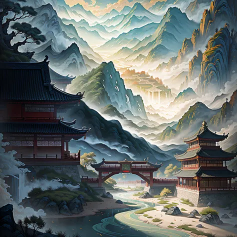 ancient chinese painting, ancient chinese background, mountains, river, auspicious clouds, pavilions, sunlight, masterpiece, super detail, epic composition, ultra hd, high quality, extremely detailed, official art, unified 8k wallpaper, super detail