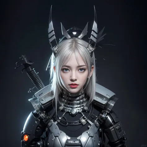 303 acid, girl face close-up, (chrome, holo), ((long white hair))oni samurais, (reelmech:1.5), horn, dystopian style ,complex 3d...