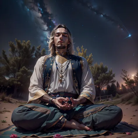 frontal view, natural light, joshua meditating in the wilderness, lotus position, night, focus on historical clothing, starry sk...