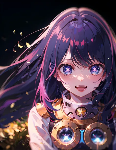 1girll，Mechanical girl（（There is a five-pointed star in the eye）），Smile ，Open mouth ，the woods，Rochas，Robotic arm，machine guns