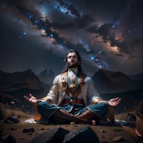 frontal view, natural light, joshua meditating in the wilderness, brown beard, lotus position, night, focus on historical clothi...