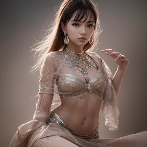 "Best quality, masterpiece, high resolution, 1girl, porcelain skirt, hair accessory, necklace, jewelry, beautiful face, detailed body, Dalmatian effect, realistic, dark studio, edge lighting, duotone lighting, (high detail skin: 1.2), 8k UHD, DSLR, soft li...