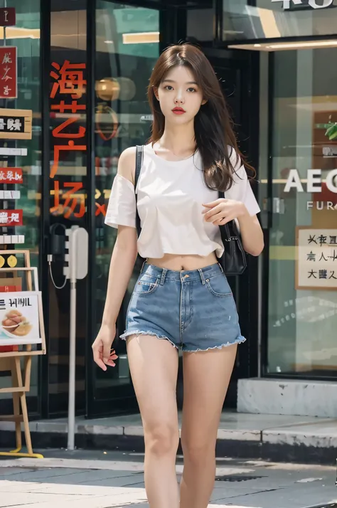 1 girl, full body photo,，jeans，suspender t-shirt，wearing sneakers, cropped shoulders，the facial features are delicate and three-...