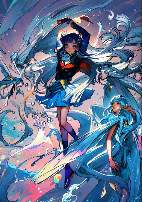 a photo of a woman in a blue uniform is standing in the water, water, por rumiko takahashi, por naoko takeuchi, umi ryuzaki, mag...