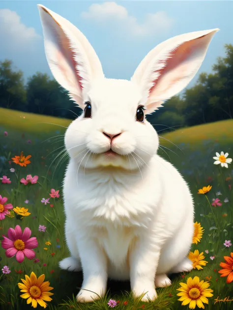 fluffy rabbit with big ears, sitting on the meadow, forest background, bunny, cute, hyper detailed, 32k resolution, oil on canva...