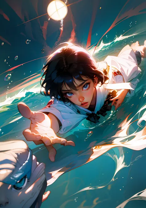 a photo of a woman in a blue uniform is standing in the water, water, por rumiko takahashi, por naoko takeuchi, umi ryuzaki, mag...