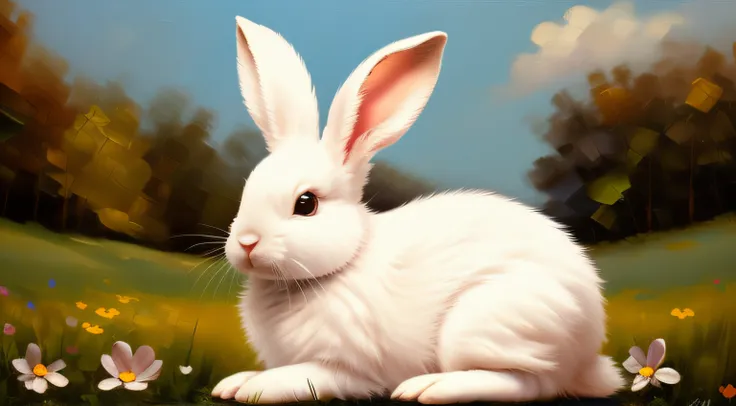 adorable fluffy rabbit with big ears, sitting on the meadow, blue sky and lush summer forest background, super cute white bunny,...