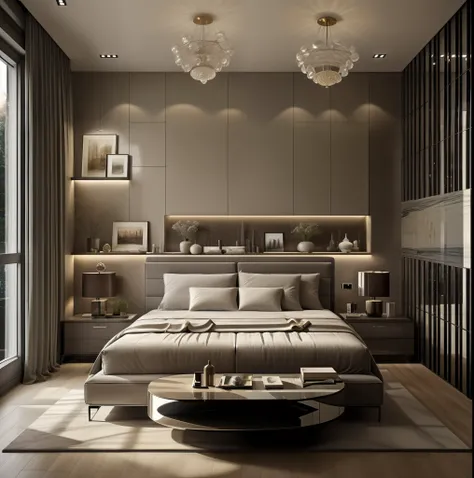 ((best quality, 8k, masterpiece :1.3)), bedrooom design,  glossy minimalist motif furniture, sofa , plaster ceiling , glossy mab...