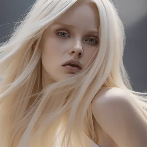 BALENCIAGA 1 woman, avakin life character, avakin life character features, flowing long blonde hair, bangs, blonde hair, white dress hopefully falling, white clothing, crisp face, slim face, beautiful skinny face, black background, deep shadows, apocalypti...