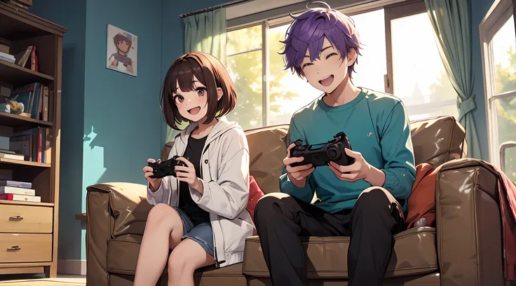 boy with purple hair and girl with brown hair、great laughter、video games together、sofas、dvr、relax vibe、high-level image quality、...