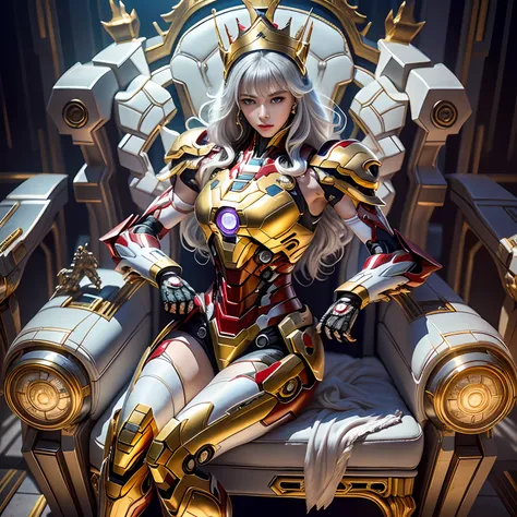 cyberpunk style mecha marvel movie iron man saint seiya kamen rider queen sitting on throne, ancient technology, ancient legends...