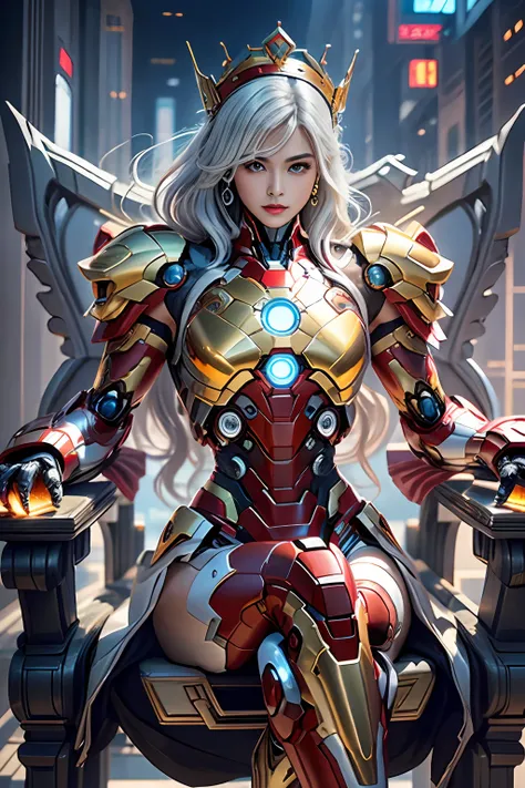 cyberpunk style mecha marvel movie iron man saint seiya kamen rider queen sitting on throne, ancient technology, ancient legends...