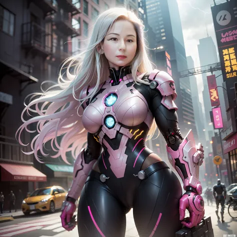 stormy day, new york city times forget, hot pink, (pink hulkbuster large armor), fantasy, cyberpunk, (weapon, gun girl, ultra br...